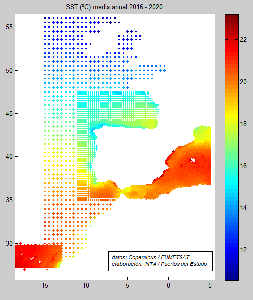 temperatura media anual de la superficie del mar entre agosto de 2016 y agosto de 2020