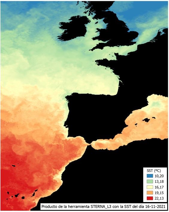 Datos medidos desde satélite de la temperatura de la superficie del mar en el visualizador oceanográfico Portus